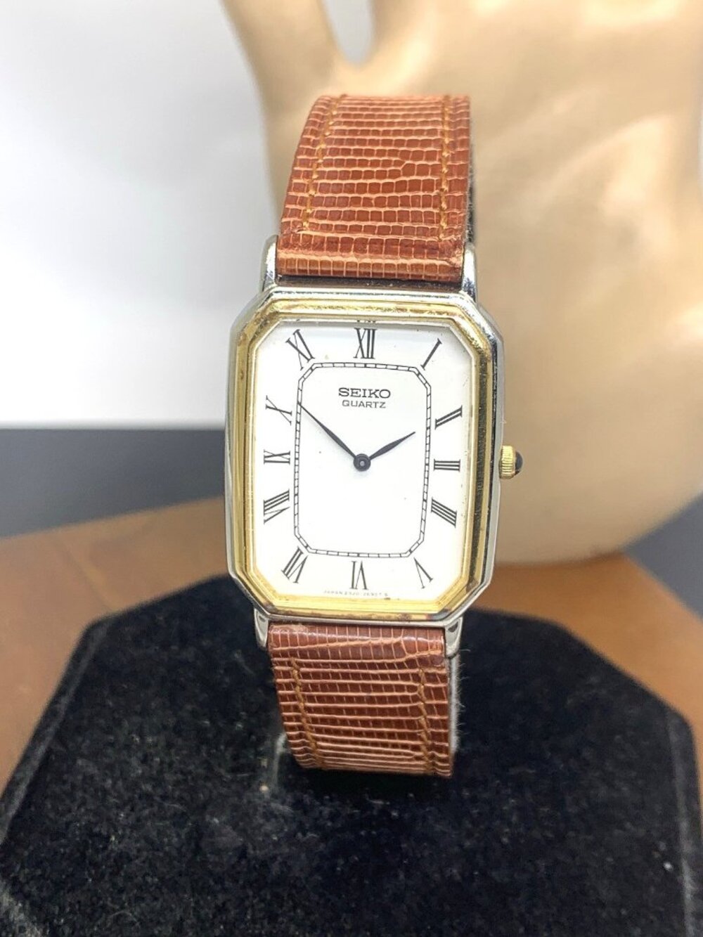 Seiko Watch 2320-6380 Quartz Tank Two Tone Case Brown Leather Strap 1981 25mm